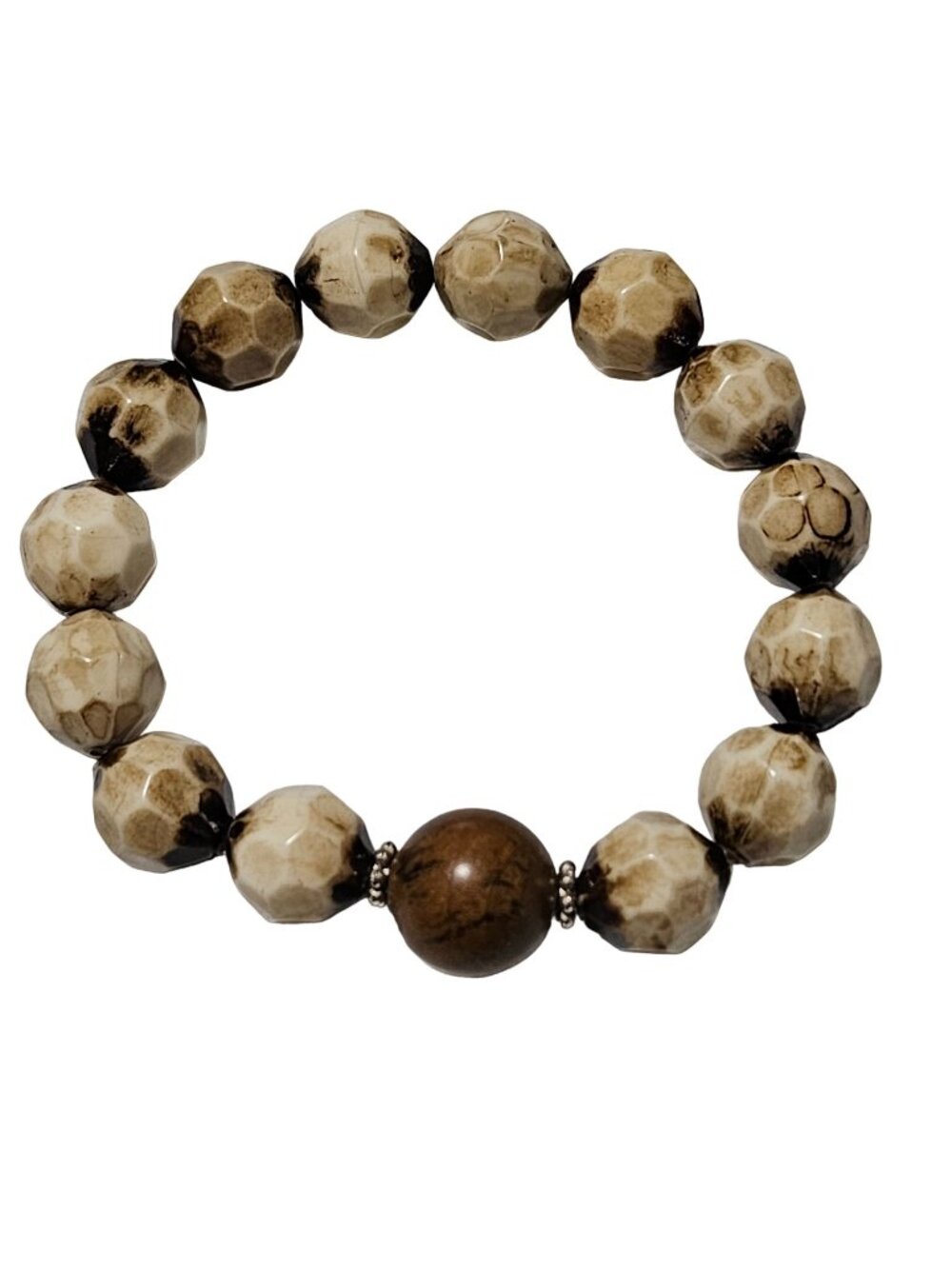 Natural Stone Beaded Bracelet Stretch Brown Cream Beads Rustic Earthy Jewelry